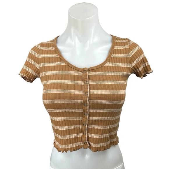 American Eagle Brown White Striped Rib Knit Short Sleeve Button Crop Top Size XS - Picture 1 of 4